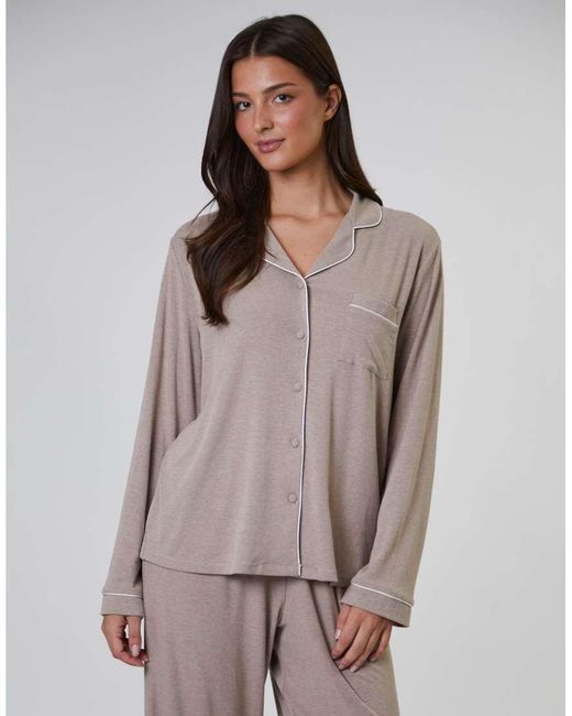 Loungeable Gray Rib Long Sleeve Traditional Shirt And Long Pant