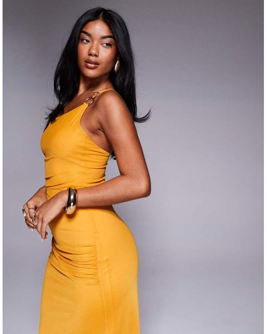 ASOS Blue Asymmetric Double Strap With Trim Detail With Ruching Mesh Maxi Dress
