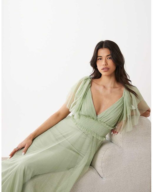 LACE & BEADS Green Bridesmaid Tulle Flutter Sleeve Shirred Waist Maxi Dress