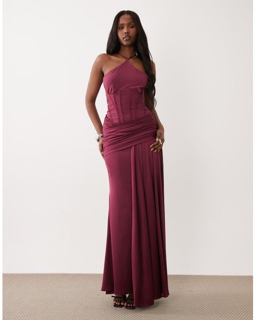 ASOS Purple Premium Halterneck Corset Fishtail Maxi Dress With Drape Detail
