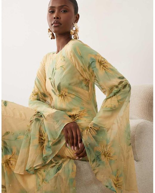 ASOS Natural Embellished Print Maxi Dress With Volume Sleeve
