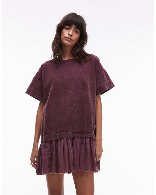 Vestido Corto Color Guinda Lavado Estilo Camiseta Con Diseño Híbrido De Pana De -Morado ASOS de color Purple