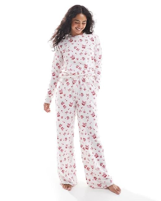 Threadbare Pink Bow Print Long Sleeve Pyjama Set