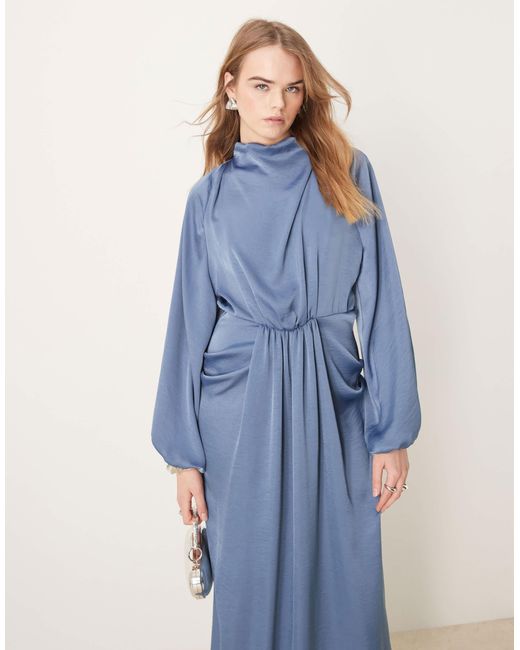 ASOS Draped Blouson Sleeve Satin Maxi Dress in Blue | Lyst
