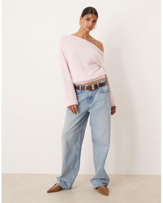 ASOS Pink Fluffy Knitted One Shoulder Jumper With Cinched Waist