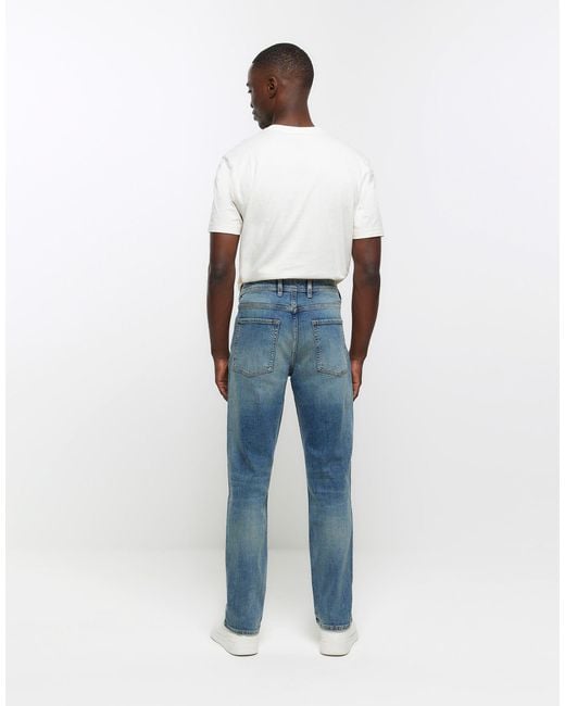 River Island Blue Straight Fit Faded Jeans for men