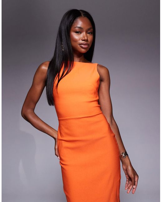 Vesper Orange Bengaline High Neck Open Back Maxi Dress