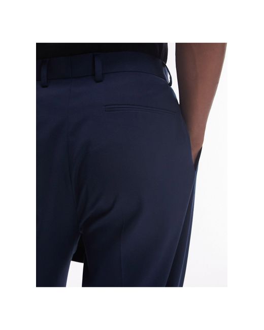 Topman Blue Straight High Waisted Trousers for men