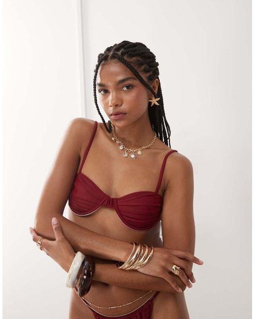 Miss Selfridge Red Mix And Match Ruched Cup Skinny Strap Bikini Top