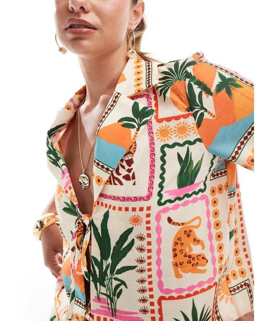 Camicia Squadrata Allacciata Sul Davanti Con Stampa Tropicale Di Cartoline di Vero Moda in White