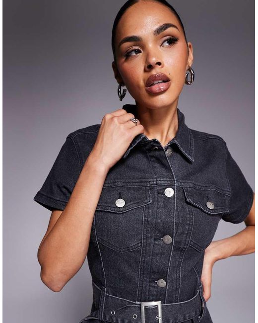 Liquor N Poker Blue Short Sleeve Denim Button Through 60's Style Mni Dress With Chunky Belt