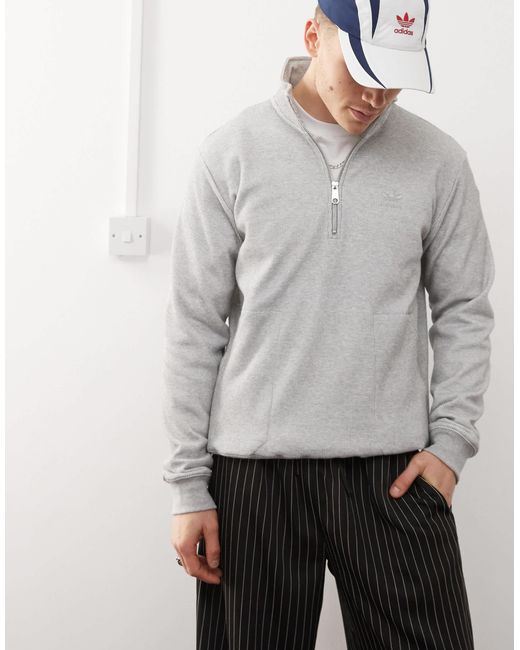 Adidas Originals Gray Trefoil Essentials Waffle 1/4-Zip Sweat for men