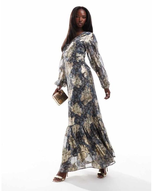 Finding Friday White Metallic Printed Balloon Sleeve Maxi Dress