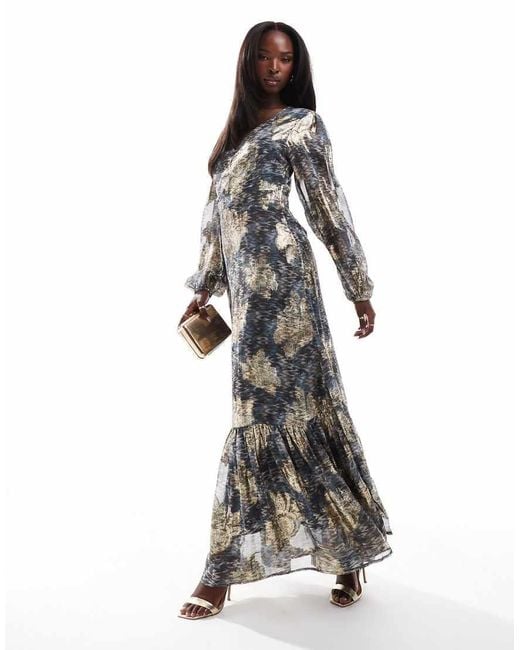 Finding Friday White Metallic Printed Balloon Sleeve Maxi Dress