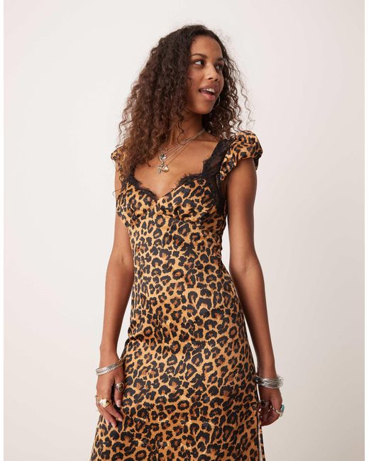 Free People Natural Leopard Print Lace Edge Midi Dress