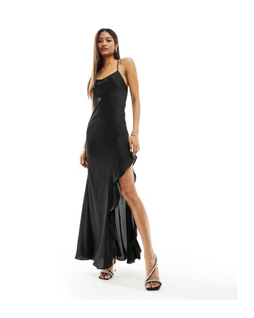 New Look Black Strappy Ruffle High Split Slip Maxi Dress