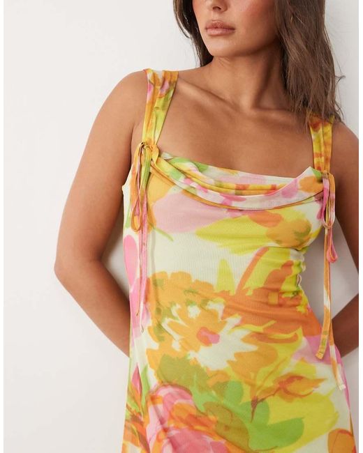 ASOS Multicolor Mesh Square Neck Mini Dress With Soft Cowl And Tie Detail