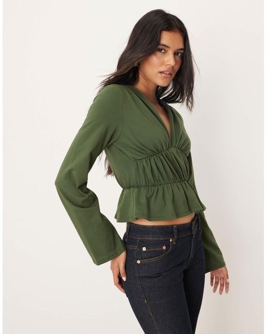 ASOS Green Long Sleeve Tee With Ruffle Detail