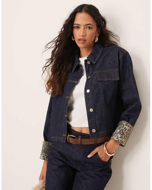 ASOS Blue Denim Jacket With Leopard Print Turn Up Cuffs
