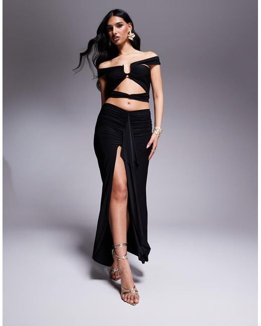 Missy Empire Black Slinky High Low Drape Front Maxi Skirt Co-ord
