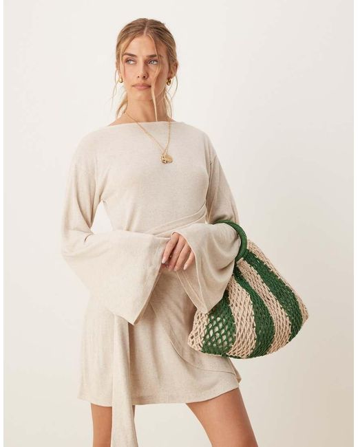 ASOS Natural Linen Look Long Sleeve Wrap Detail Mini Dress