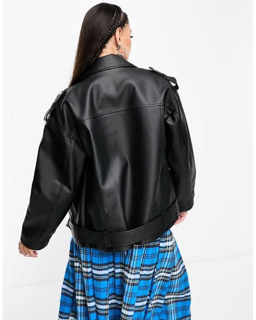 Noisy May Blue Faux Leather Oversized Biker Jacket