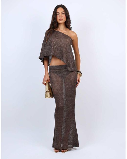 SIMMI Brown Sheer Drape Sequin Knit Co-Ord Top