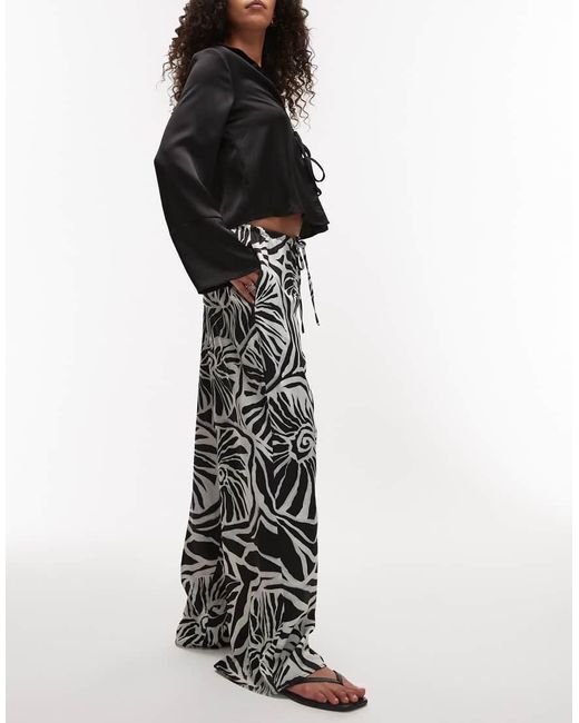 TOPSHOP Black Mono Abstract Shell Print Satin Drawcord Trousers