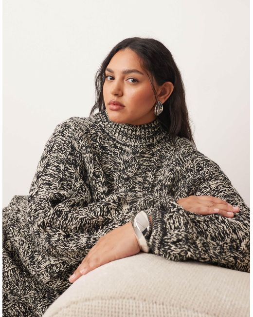 ARRANGE Brown Curve Cable Knit High Neck Jumper With Volume Sleeve