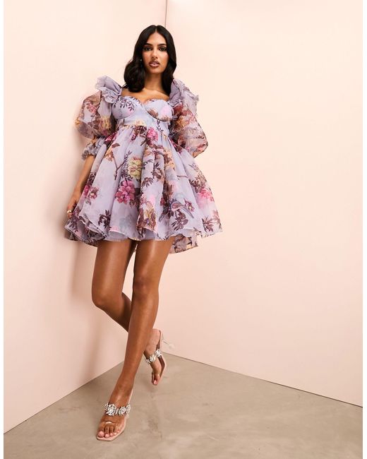 ASOS Pink Organza Ruffle Cupped Baby Doll Dress With Lace Details
