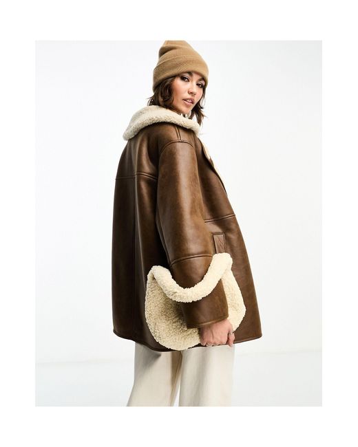 Stradivarius Longline Aviator Jacket With Contrast Lining in Brown | Lyst