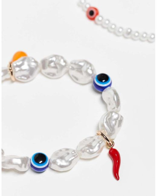 Confezione Da 2 Bracciali Con Perle Sintetiche E Perline A Forma Di Occhi di ASOS in White