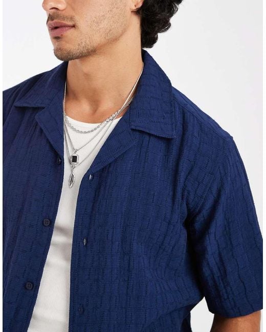 Only & Sons Blue Regular Fit Textured Shirt With Resort Collar for men