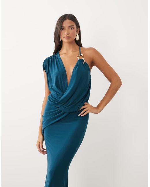 ASOS Blue One-shoulder Draped Dress With Hardware Detail