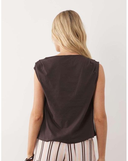 ASOS Brown Boat Neck Top With Ruched Shoulder Details