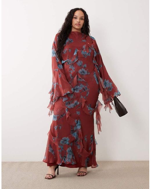 ASOS Red Asos Design Curve Draped Raw Edge Ruffle Trim Long Sleeve Maxi Dress