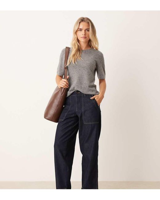 JDY Petite Blue Sansa Stitch Detail High Waisted Barrel Jeans