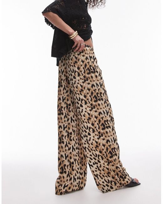 TOPSHOP Multicolor Leopard Printed Satin Straight Leg Tie Waist Trouser