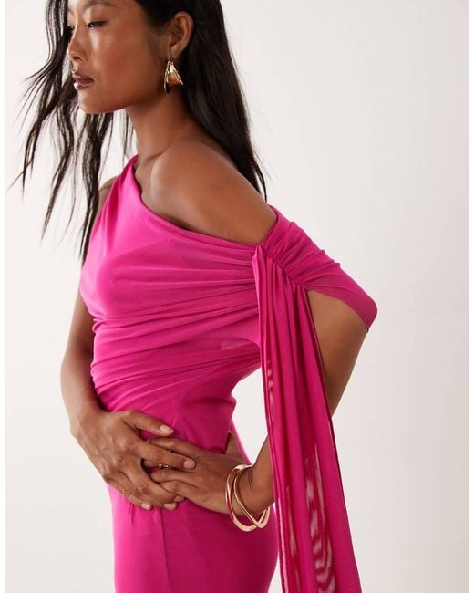 TFNC London Pink Mesh Draped One Shoulder Tie Detail Maxi Dress