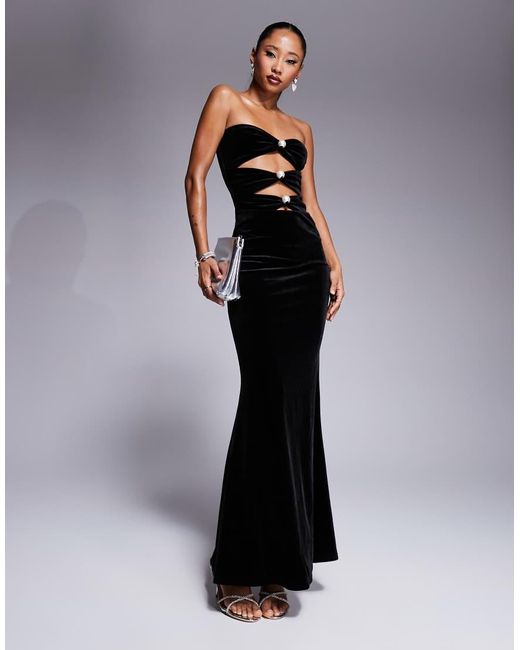 Murci Black Exclusive Bandeau Velvet Cut Out Pearl Detail Maxi Dress