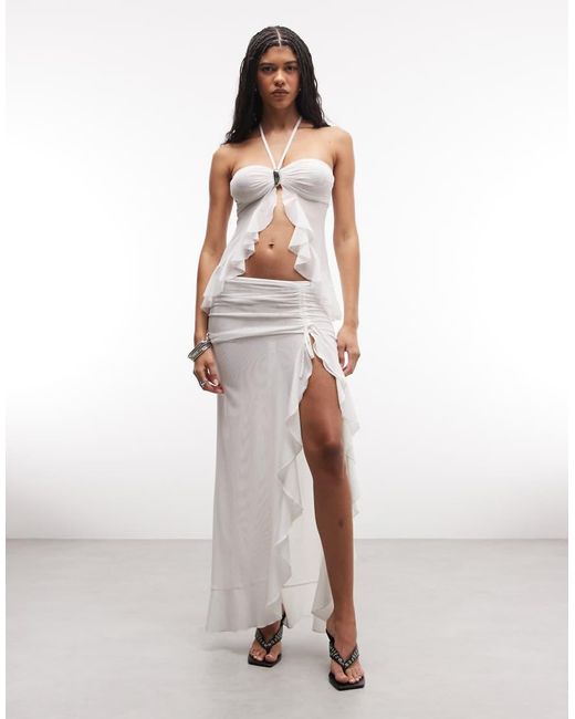 I.AM.GIA White Catallia Halterneck Mesh Ruffle Top With Metal Hardware