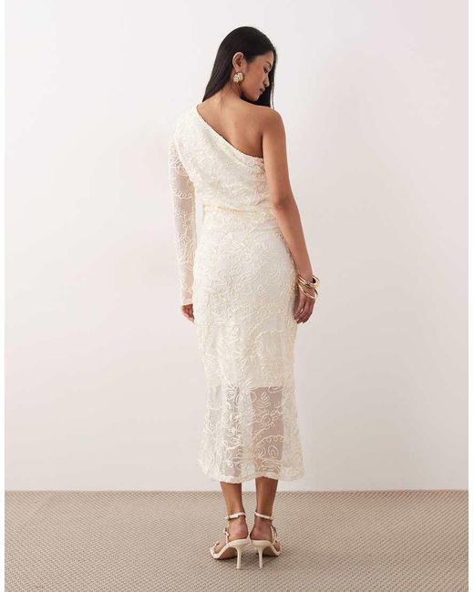 Y.A.S Natural One Shoulder Maxi Dress With Satin Embroidery