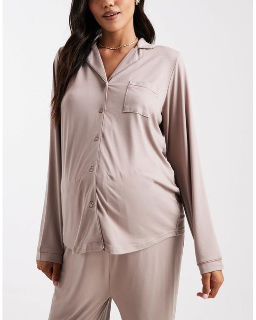 Loungeable Natural Maternity Super Soft Jersey Revere Top And Wide Leg Pyjama Set With Piping Detail