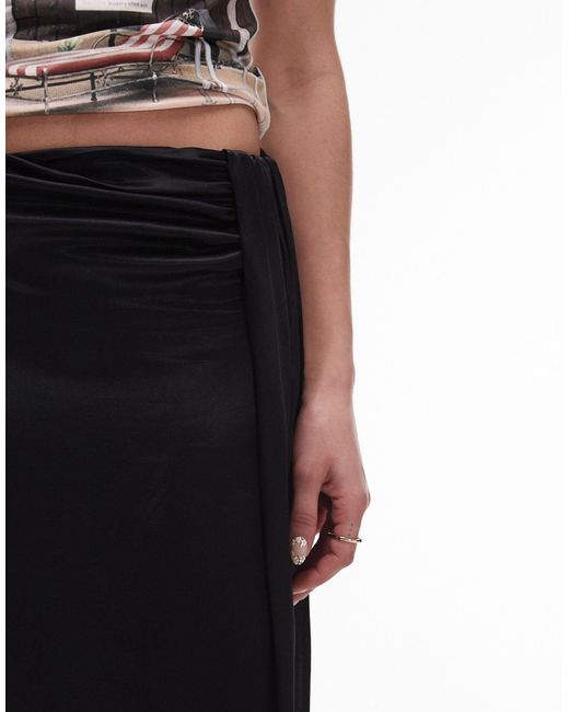 TOPSHOP Black Satin Tuck Midi Skirt