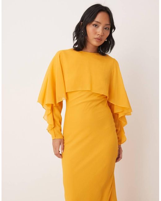 ASOS Asos Design Petite Long Sleeve Ruffle Bias Maxi Dress With Cape ...