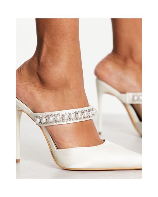 Truffle Collection White Bridal Heeled Mules With Pearl Embellishment