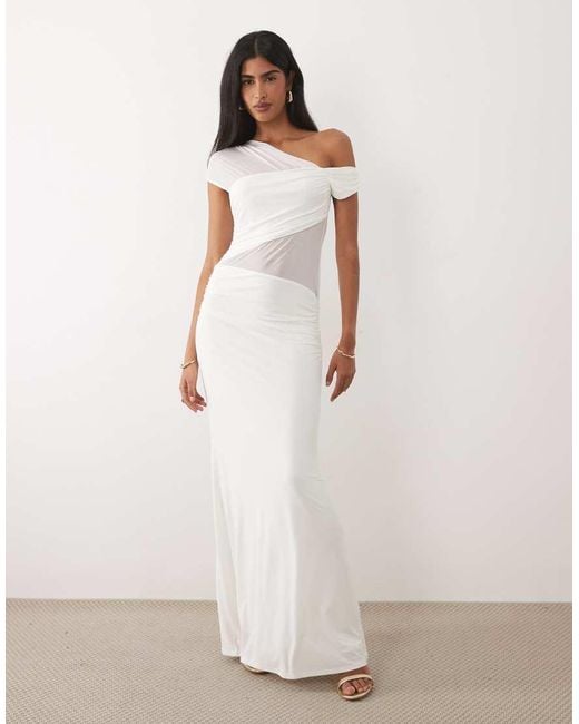 ASOS Natural Fallen Shoulder Mesh Sheer Panelled Maxi Dress