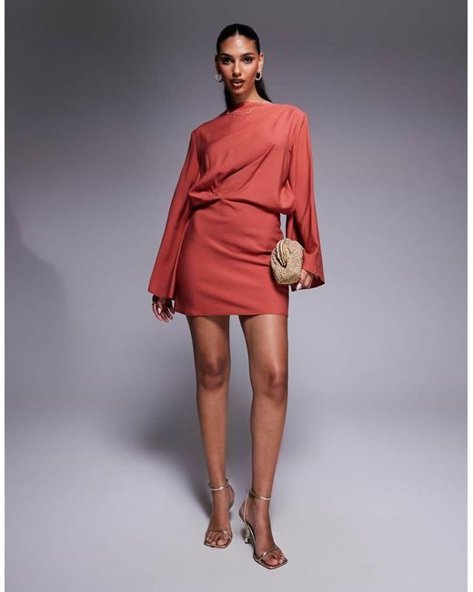 ASOS Red Long Sleeve Tucked Waist Bias Mini Dress
