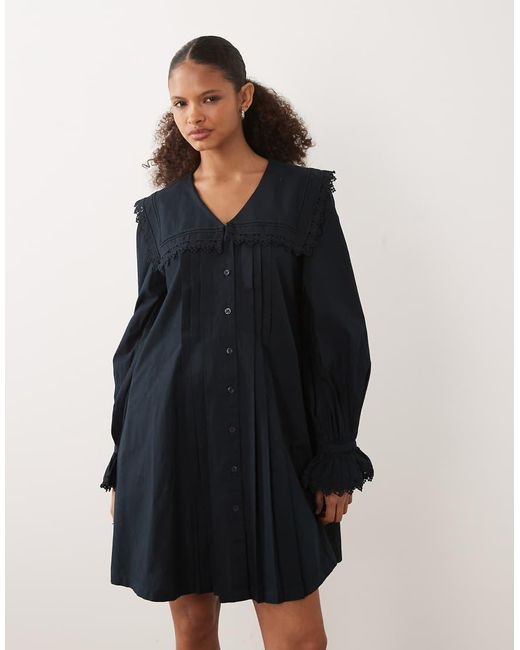 Barbour Blue Tisbury Long Sleeve Lace Trim Collared Broderie Mini Dress