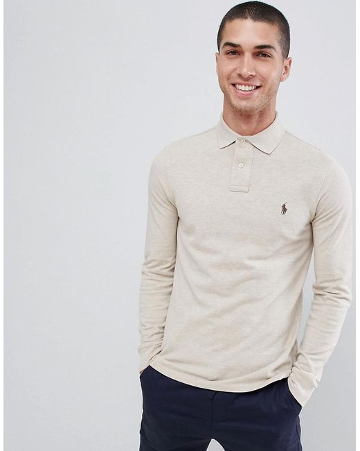 Polo Ralph Lauren Slim Fit Long Sleeve Pique Polo Player Logo In Beige Marl  in Natural for Men | Lyst Australia